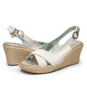CROCS A-Leigh Slingback Espadrille Wedge Sandals Beige Cream Turquoise Shoes  7